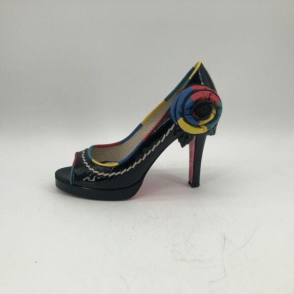 Betsey Johnson Black Womens 7.5 Open Peep Toe High Heels Shoes Multicolor Floral - Picture 2 of 16